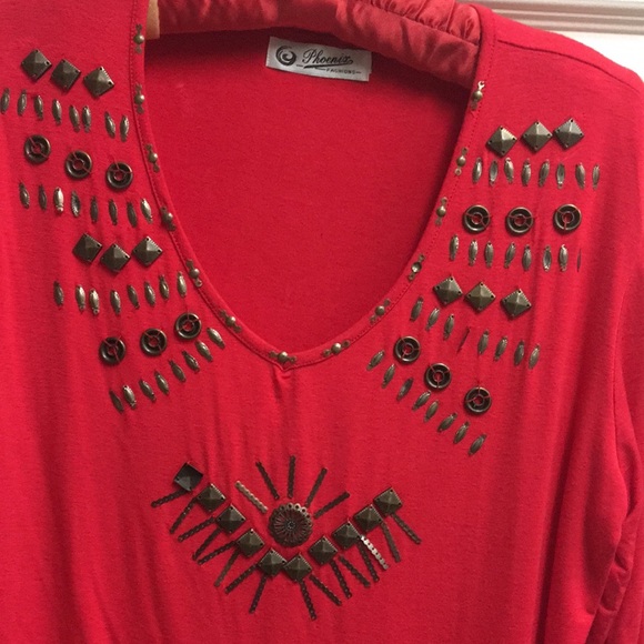 Phoenix Fashions Tops - Bronze Studded Stretchy Red Top